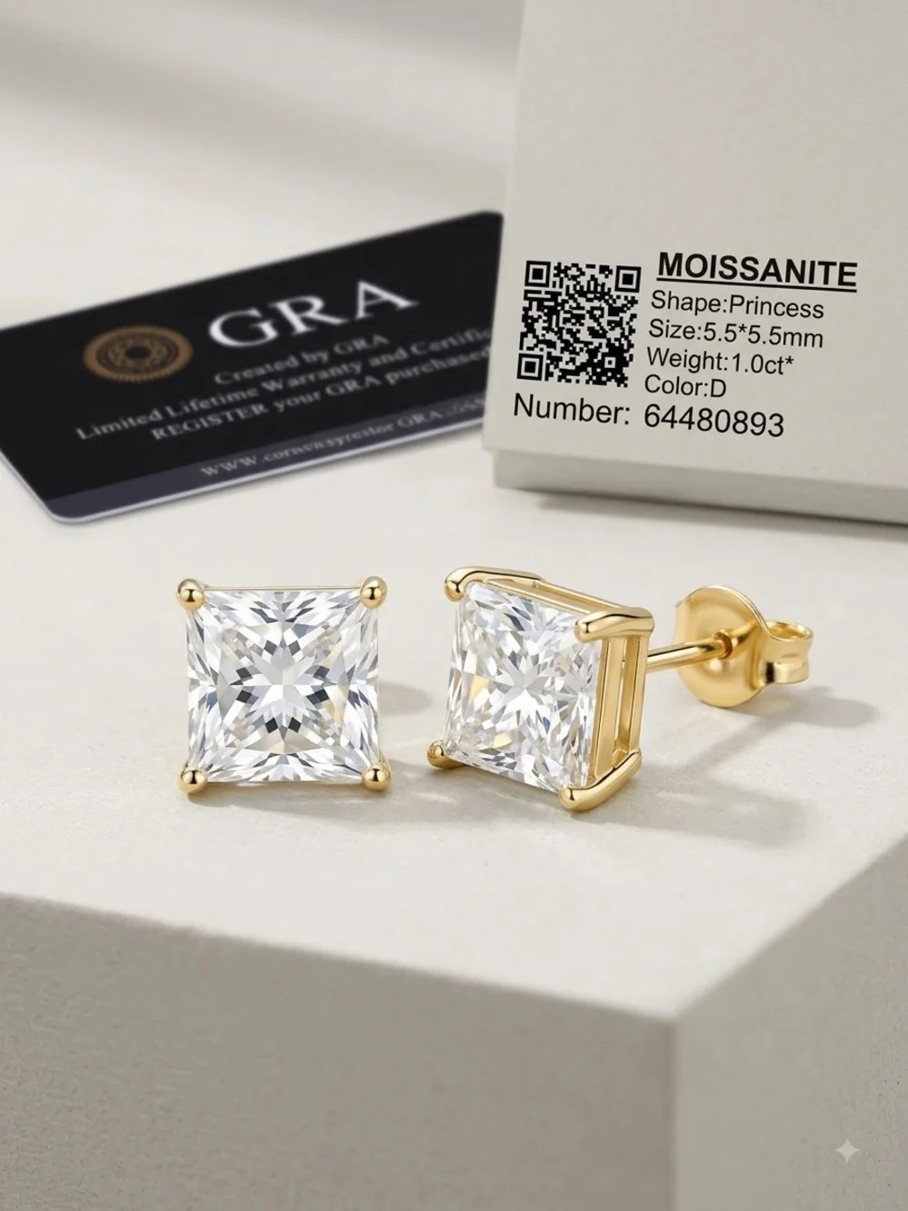 NWT 2CTW Princess-Cut Moissanite- .925 Sterling Silver Stud Earrings - Gold